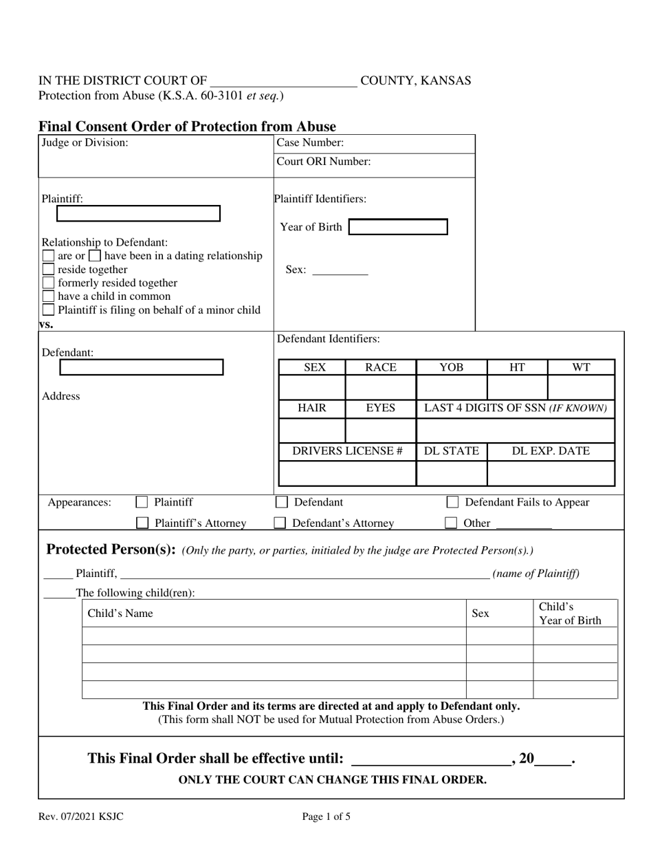 Kansas Final Consent Order of Protection From Abuse Download Fillable