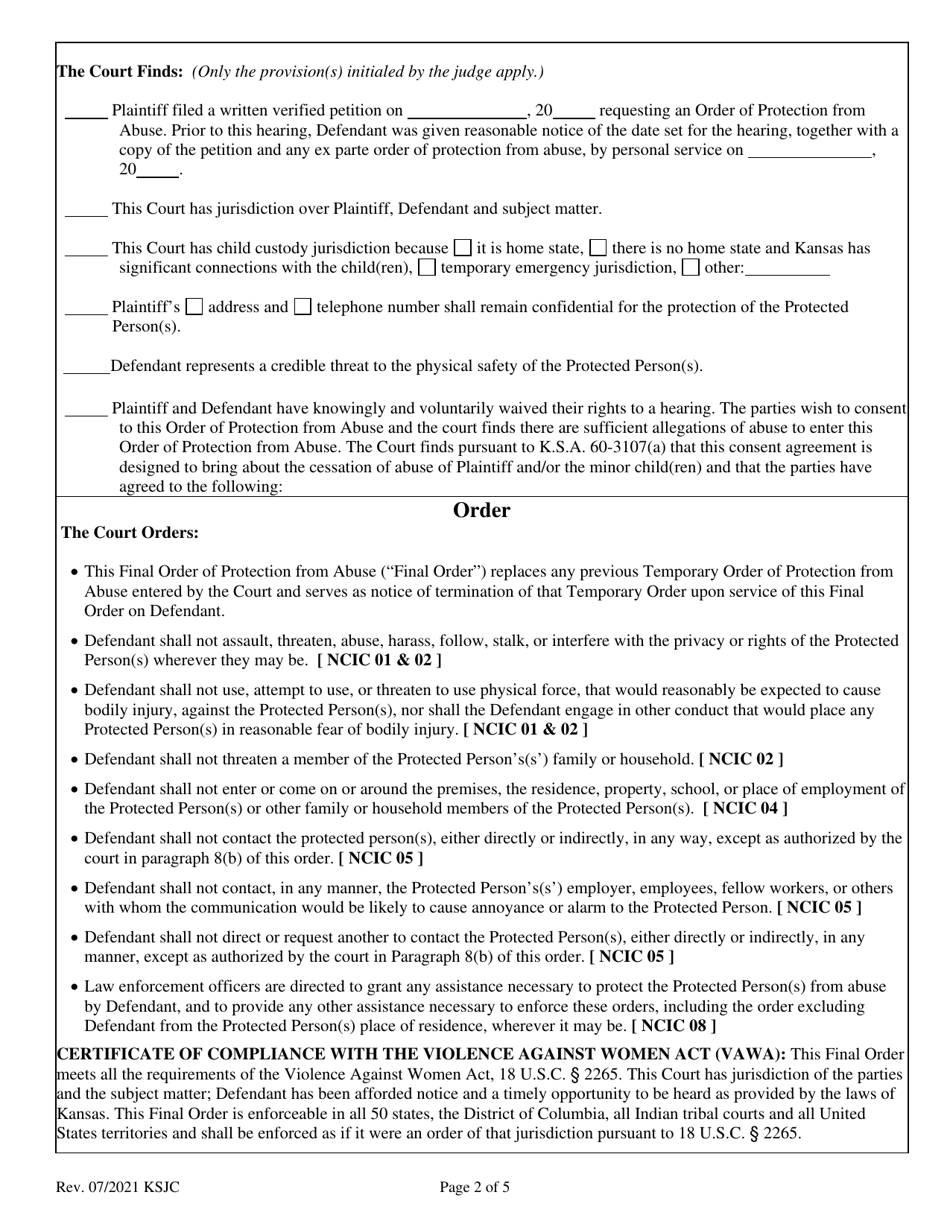 Final Consent Order of Protection From Abuse - Kansas, Page 2