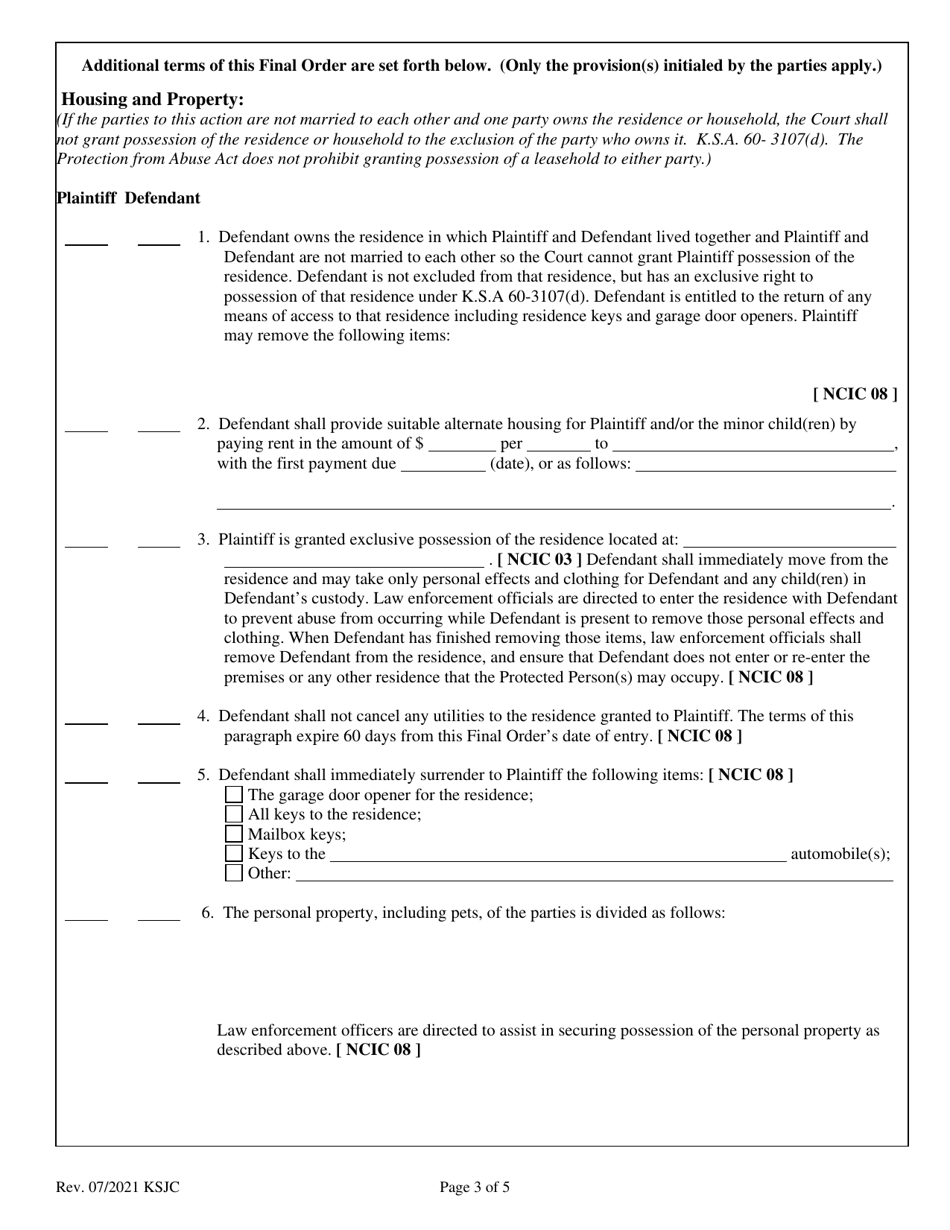 Final Consent Order of Protection From Abuse - Kansas, Page 3