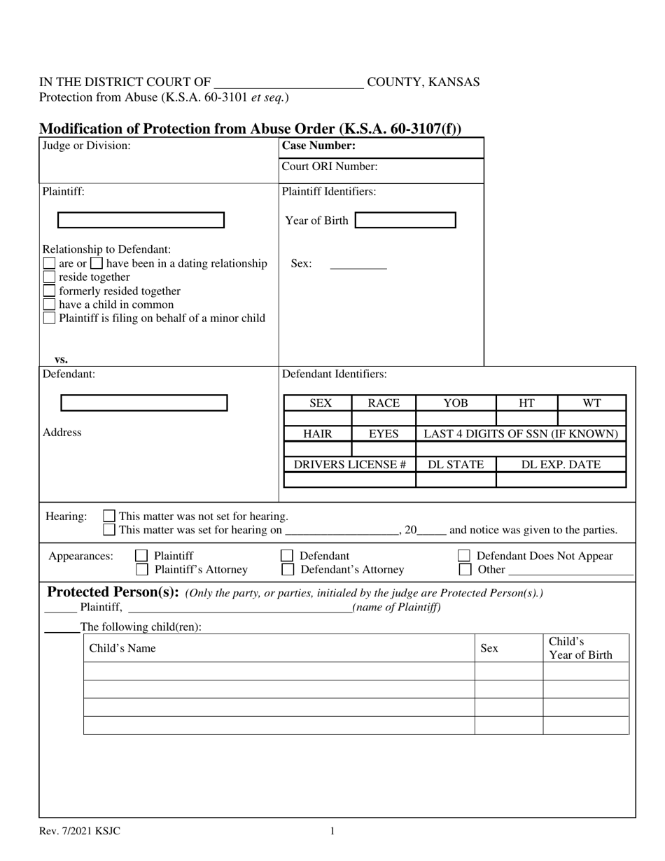 Kansas Modification of Protection From Abuse Order Download Fillable