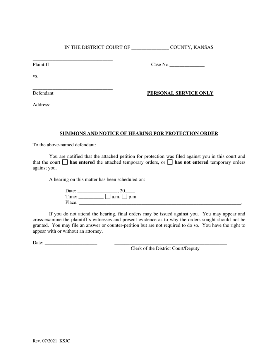 Summons and Notice of Hearing for Protection Order - Kansas, Page 1