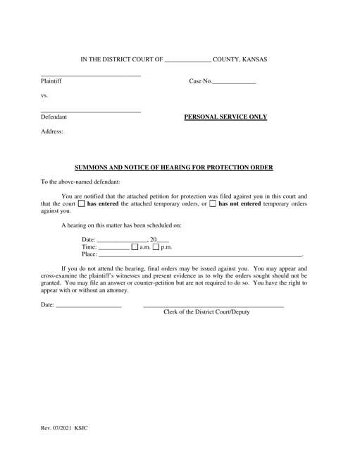 Summons and Notice of Hearing for Protection Order - Kansas
