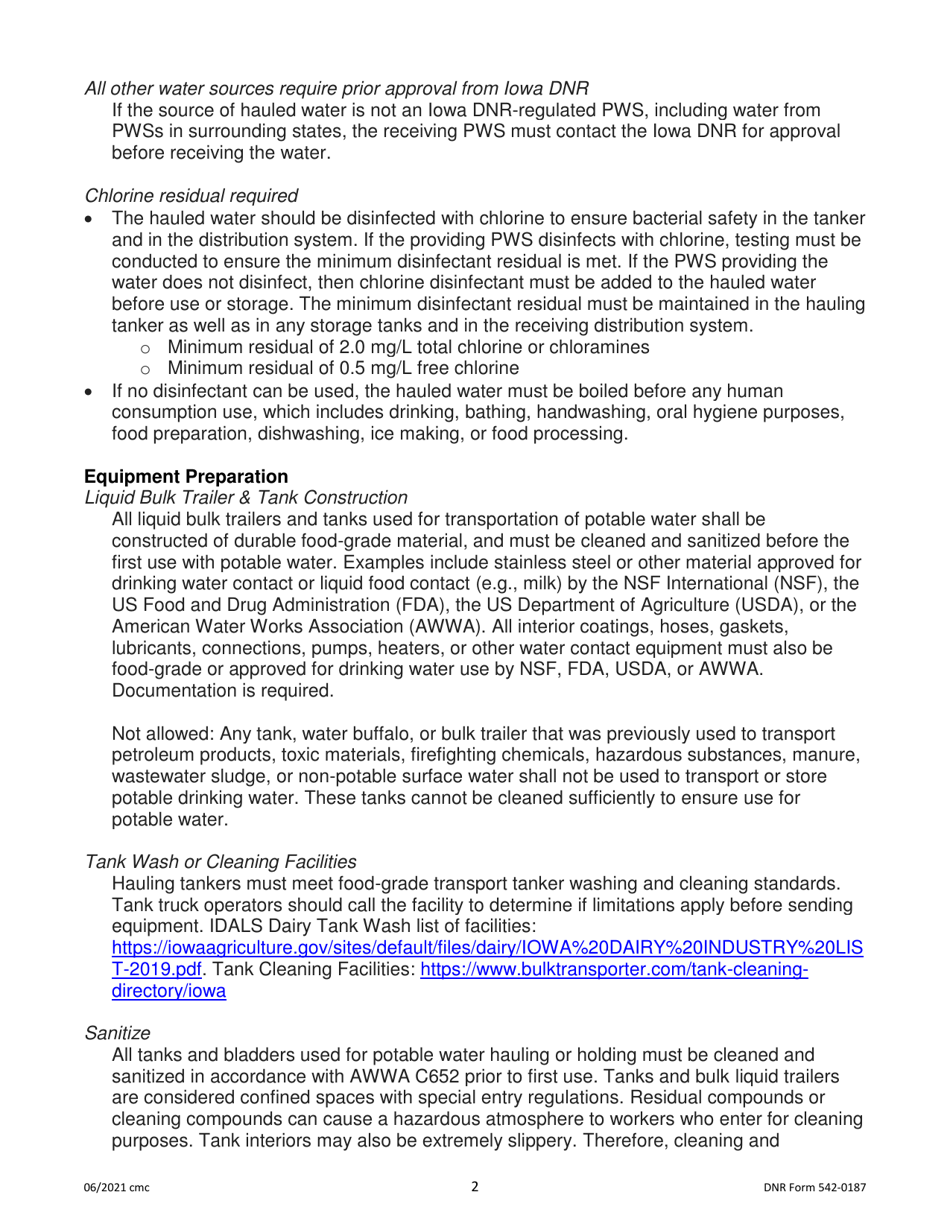 DNR Form 542-0187 Bulk Drinking Water Hauling Record - Iowa, Page 2
