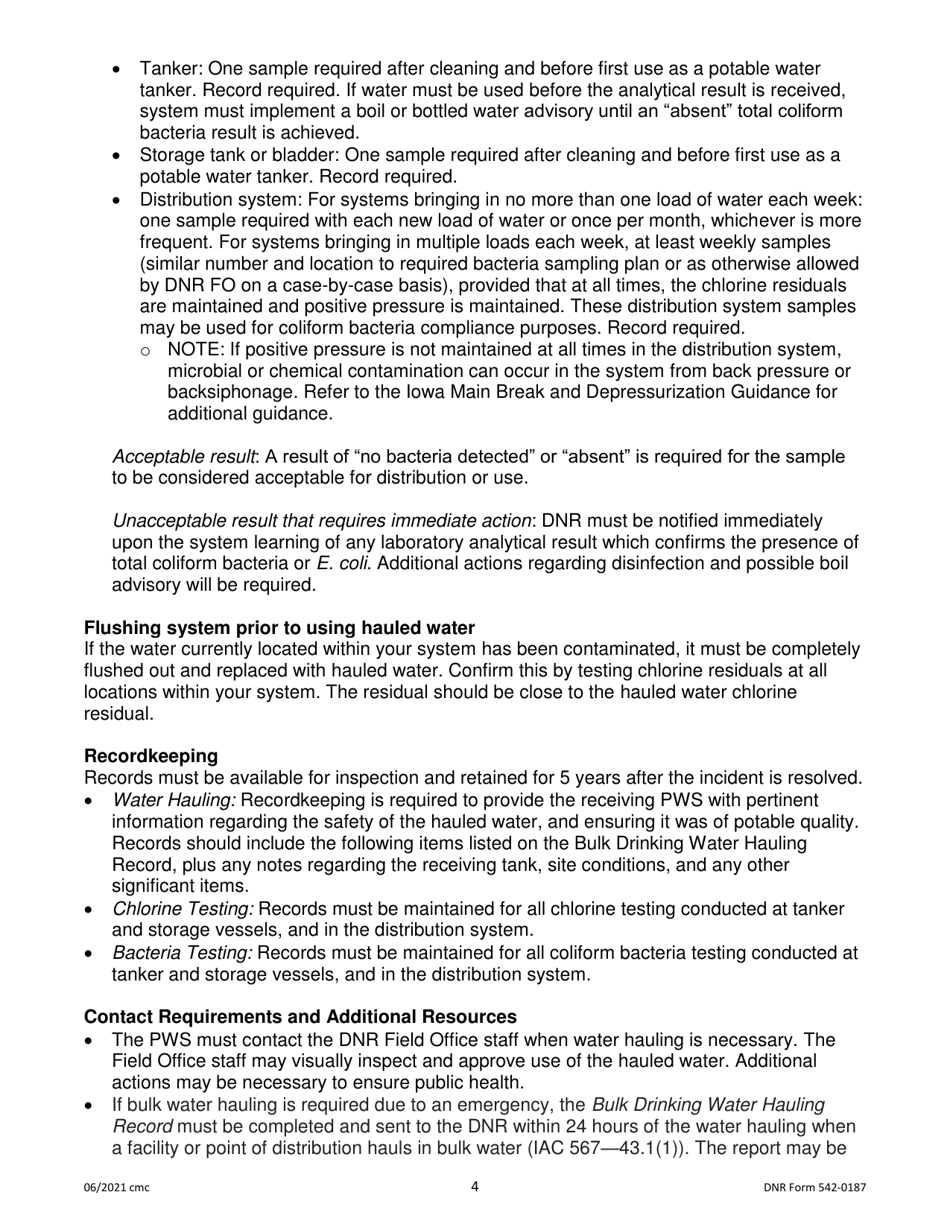 DNR Form 542-0187 Bulk Drinking Water Hauling Record - Iowa, Page 4
