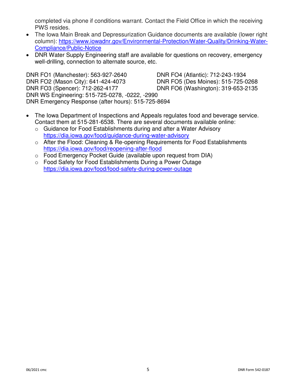 DNR Form 542-0187 Bulk Drinking Water Hauling Record - Iowa, Page 5
