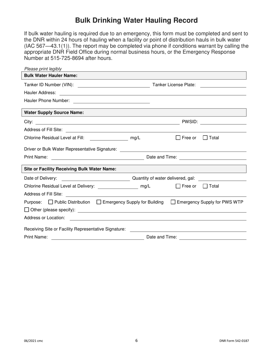 DNR Form 542-0187 Bulk Drinking Water Hauling Record - Iowa, Page 6