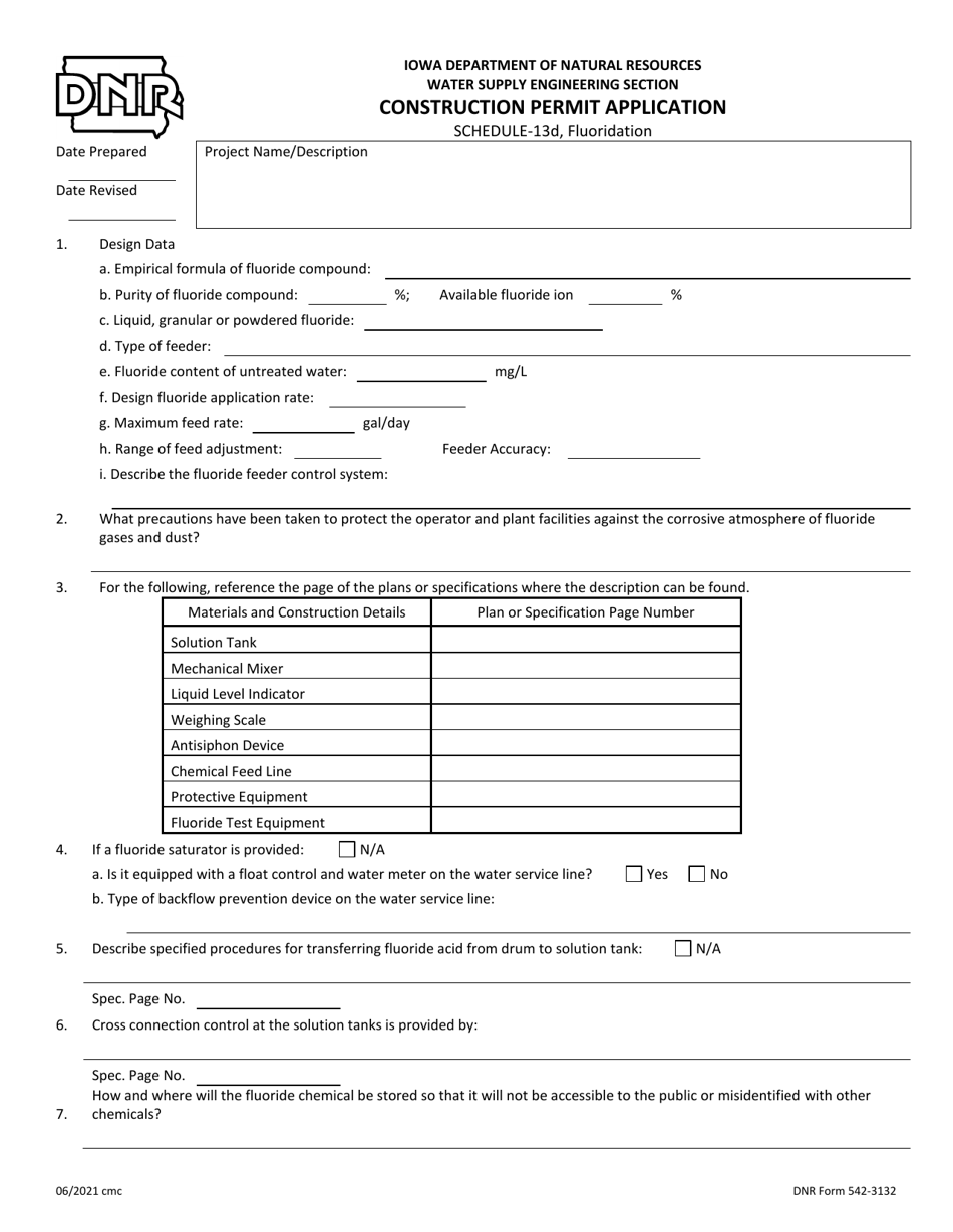 DNR Form 542-3132 Schedule 13D Construction Permit Application - Fluoridation - Iowa, Page 1