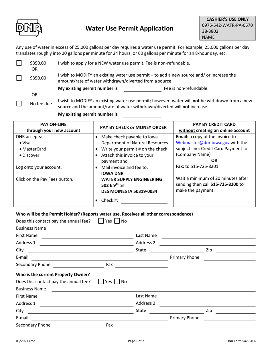 DNR Form 542-3106 Download Fillable PDF or Fill Online Water Use Permit ...