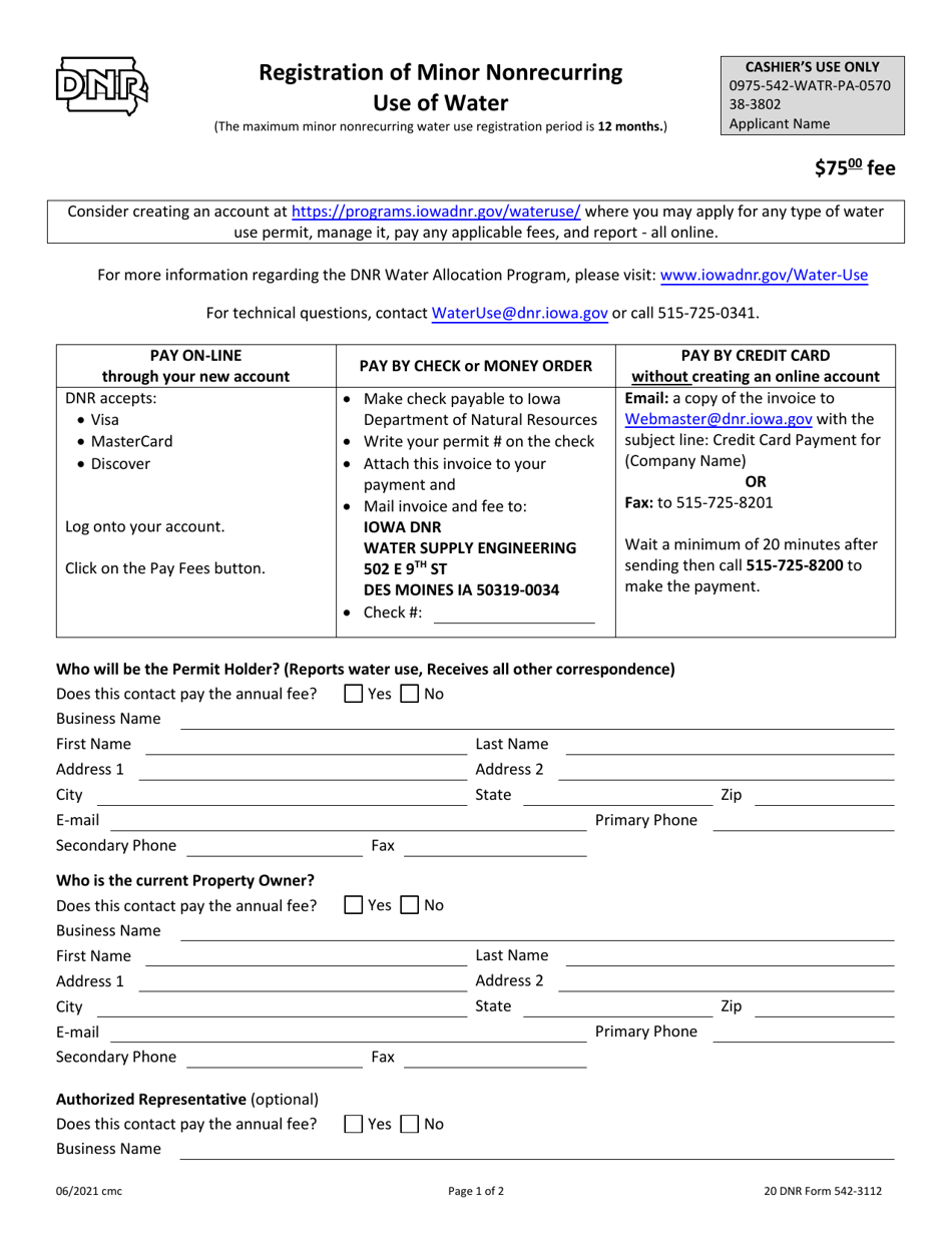 DNR Form 542-3112 Registration of Minor Nonrecurring Use of Water - Iowa, Page 1