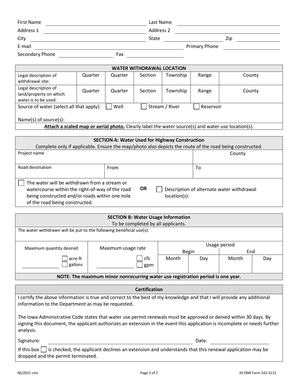 DNR Form 542-3112 Registration of Minor Nonrecurring Use of Water - Iowa, Page 2