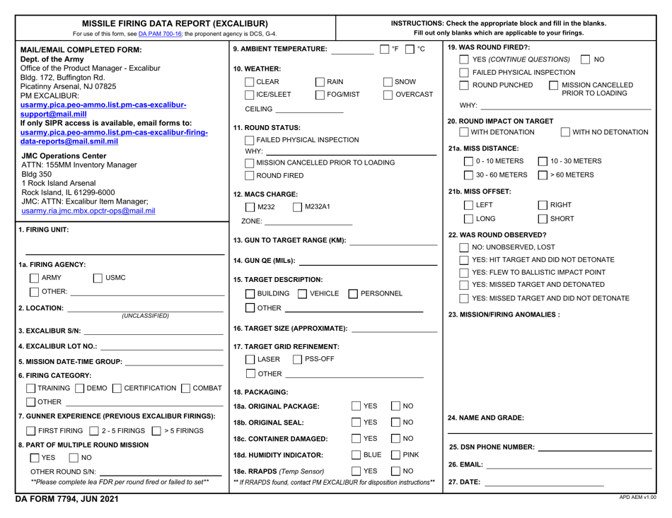 DA Form 7794 Missile Firing Data Report (Excalibur), Page 1