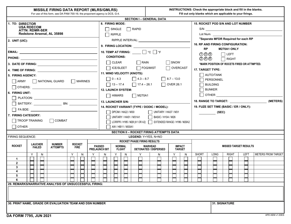 DA Form 7795 Missile Firing Data Report (Mlrs / Gmlrs), Page 1