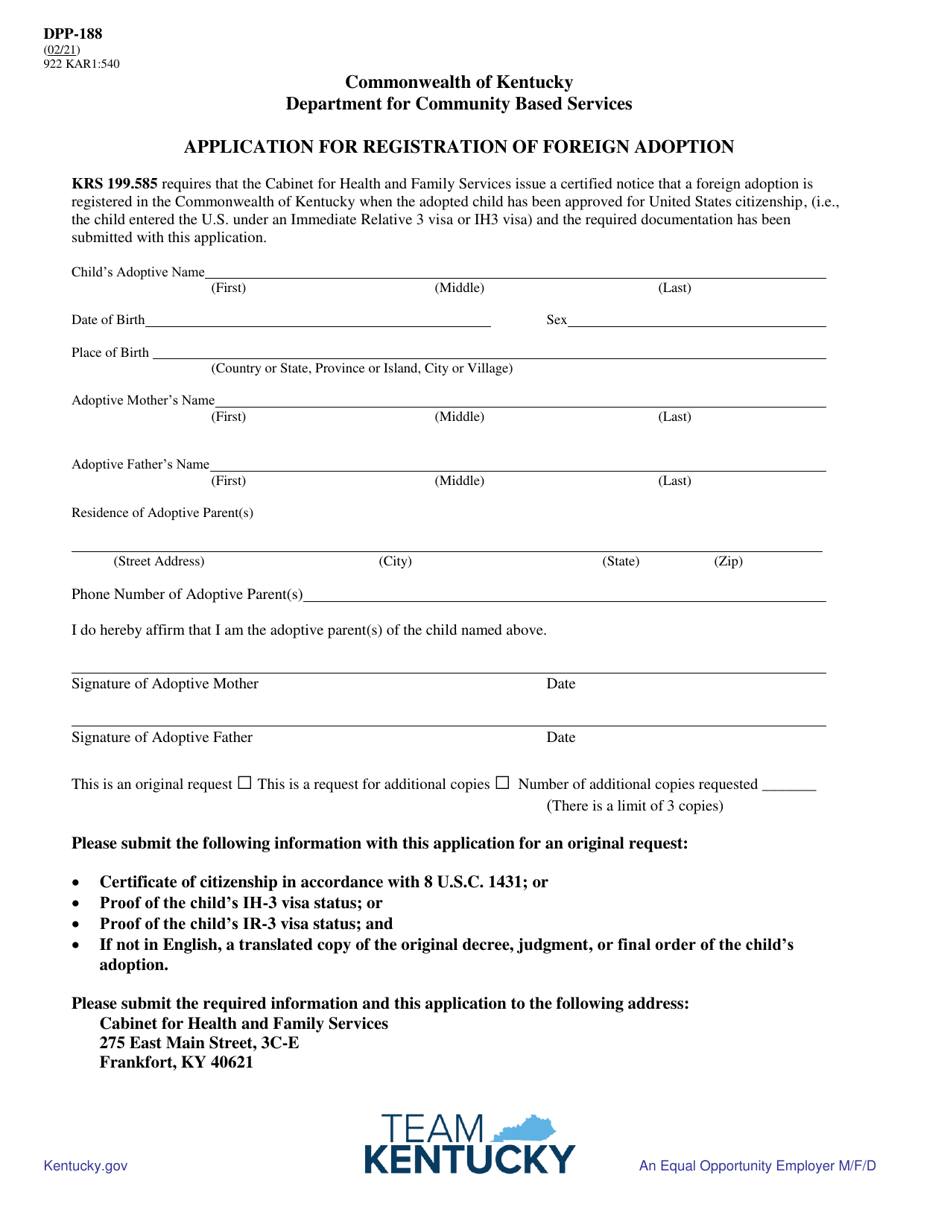 Form DPP-188 Application for Registration of Foreign Adoption - Kentucky, Page 1