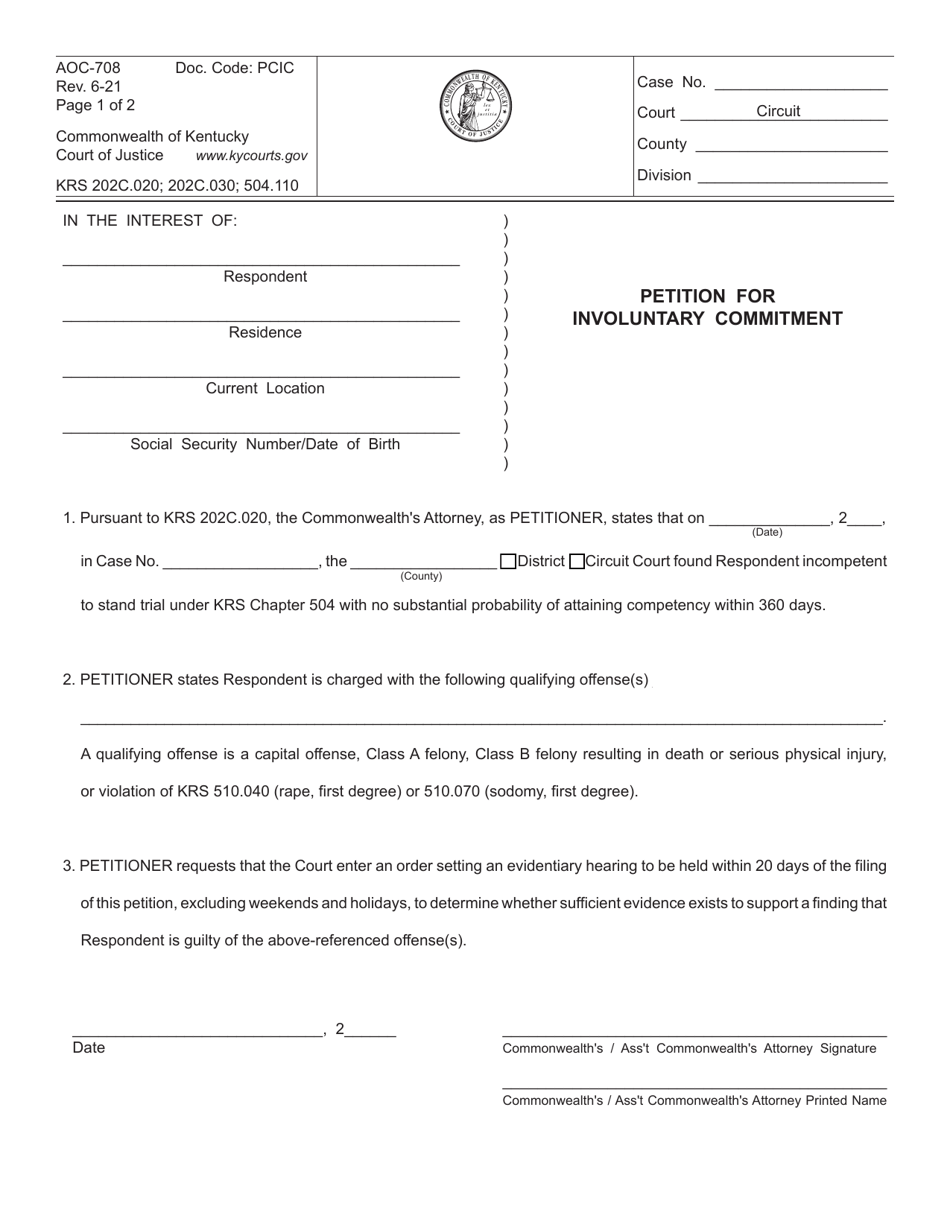 Form AOC-708 Petition for Involuntary Commitment - Kentucky, Page 1