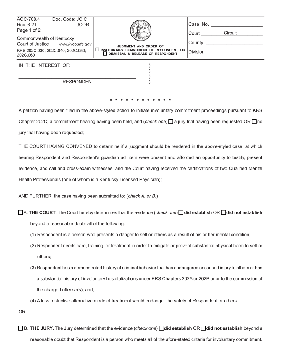 Form AOC-708.4 Judgment and Order of Involuntary Commitment of Respondent, or Dismissal  Release of Respondent - Kentucky, Page 1