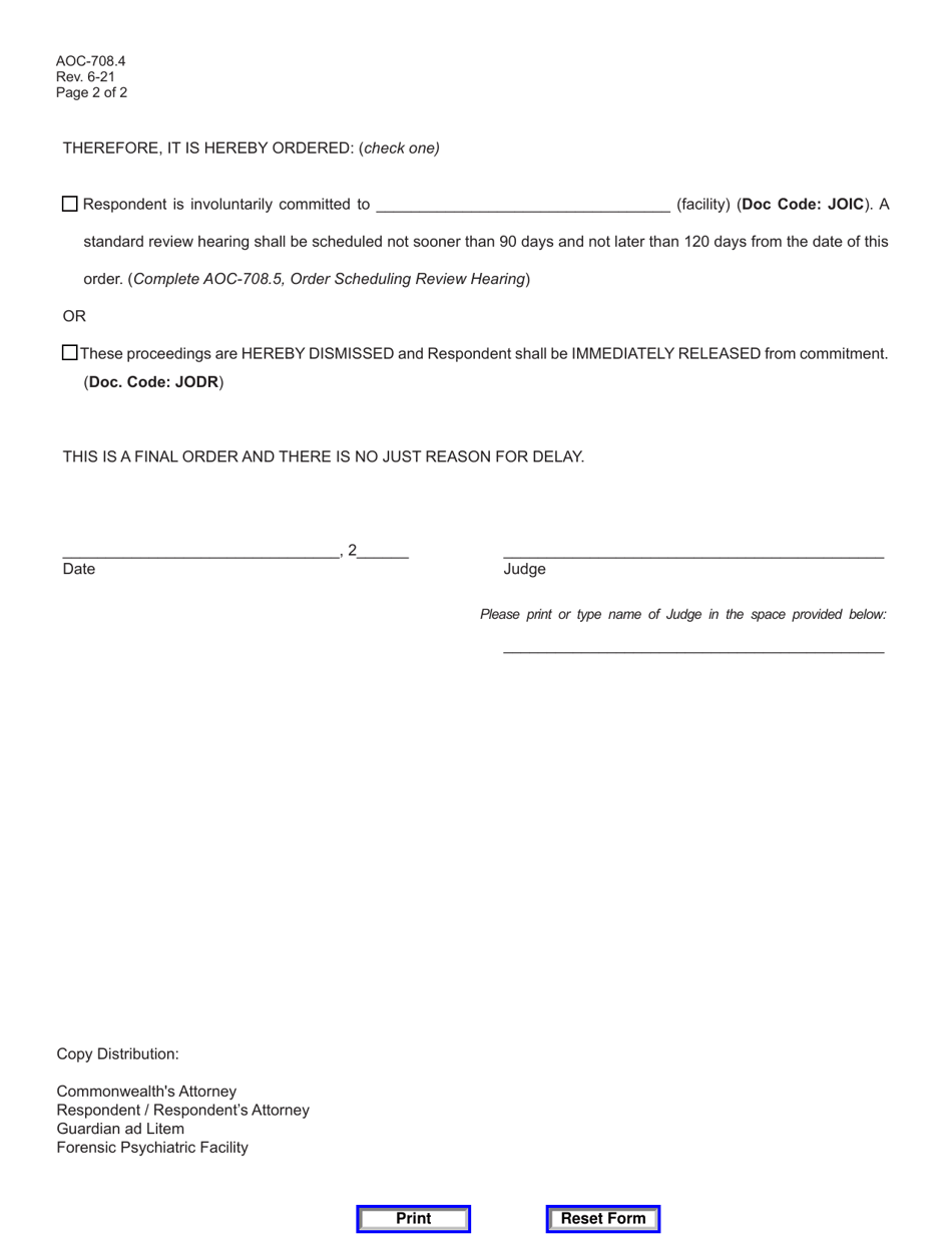 Form AOC-708.4 Judgment and Order of Involuntary Commitment of Respondent, or Dismissal  Release of Respondent - Kentucky, Page 2