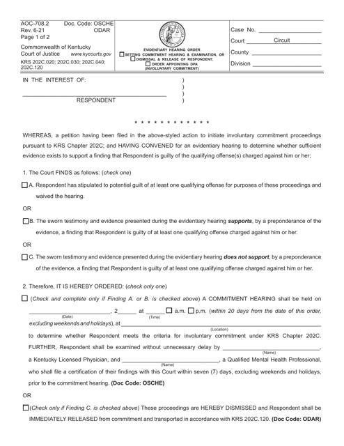 Form AOC-708.2 Evidentiary Hearing Order Setting Commitment Hearing & Examination, or Dismissal & Release of Respondent (Involuntary Commitment) - Kentucky