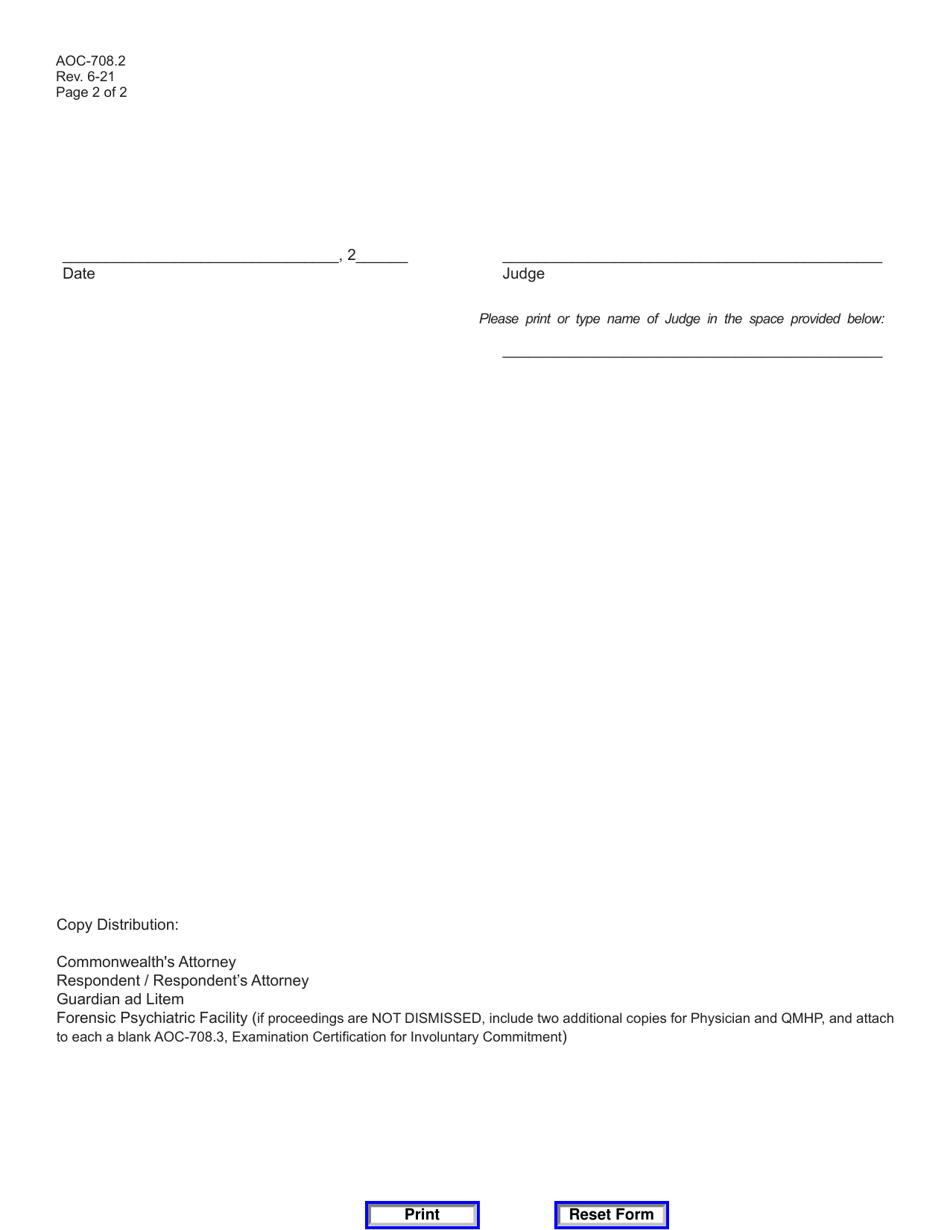 Form AOC-708.2 Evidentiary Hearing Order Setting Commitment Hearing  Examination, or Dismissal  Release of Respondent (Involuntary Commitment) - Kentucky, Page 2