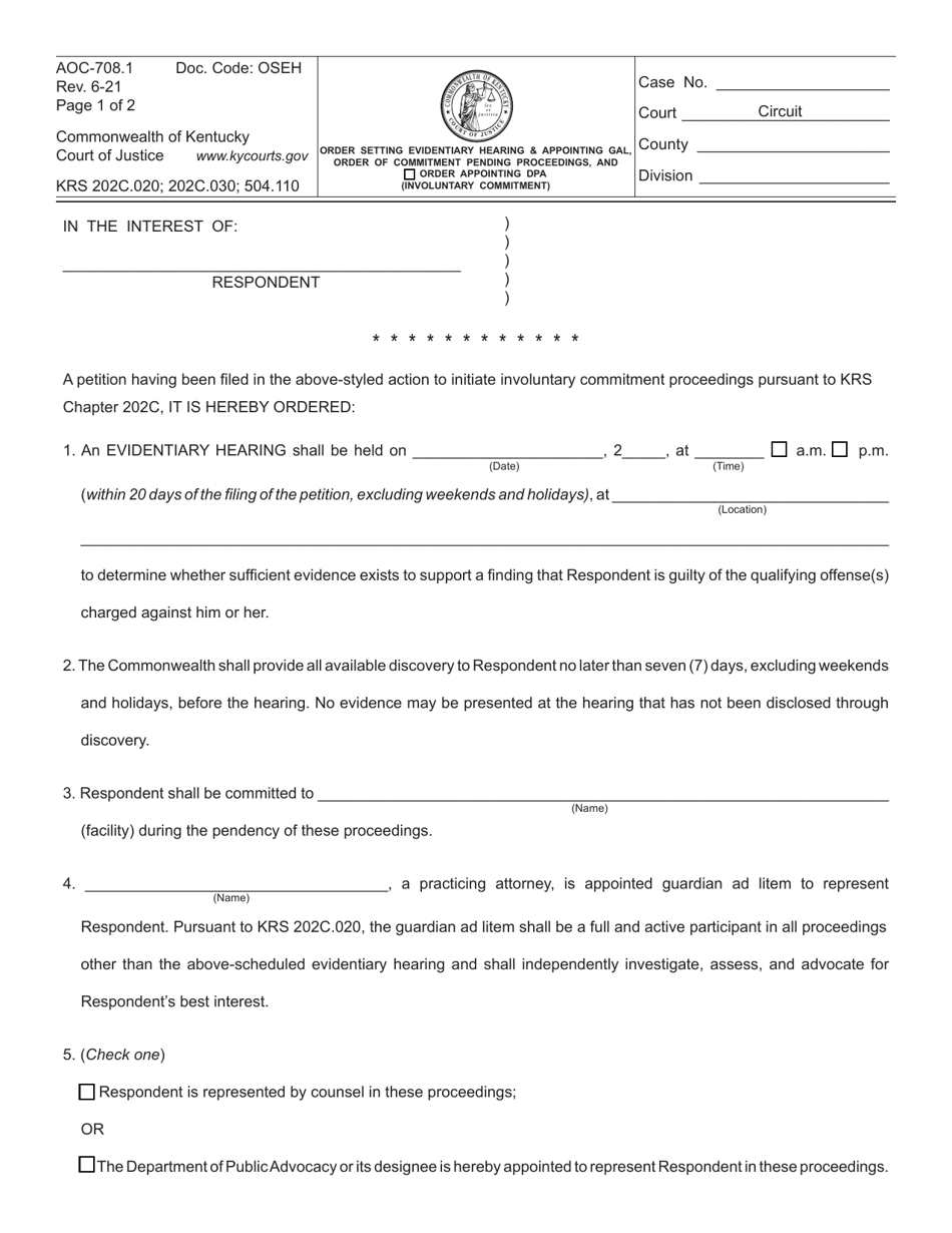 Form AOC-708.1 Order Setting Evidentiary Hearing  Appointing Gal, Order of Commitment Pending Proceedings, and Order Appointing Dpa (Involuntary Commitment) - Kentucky, Page 1