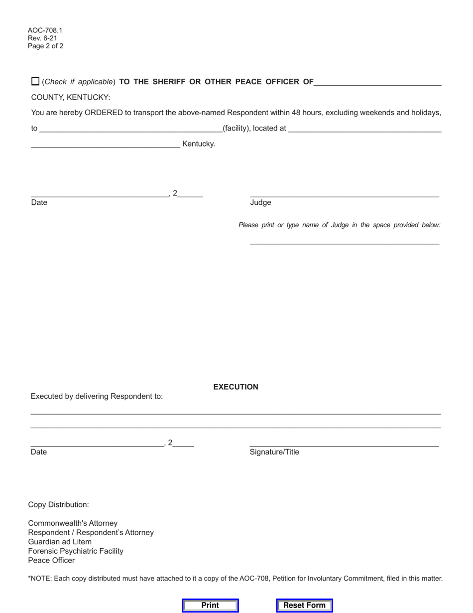 Form AOC-708.1 Order Setting Evidentiary Hearing  Appointing Gal, Order of Commitment Pending Proceedings, and Order Appointing Dpa (Involuntary Commitment) - Kentucky, Page 2