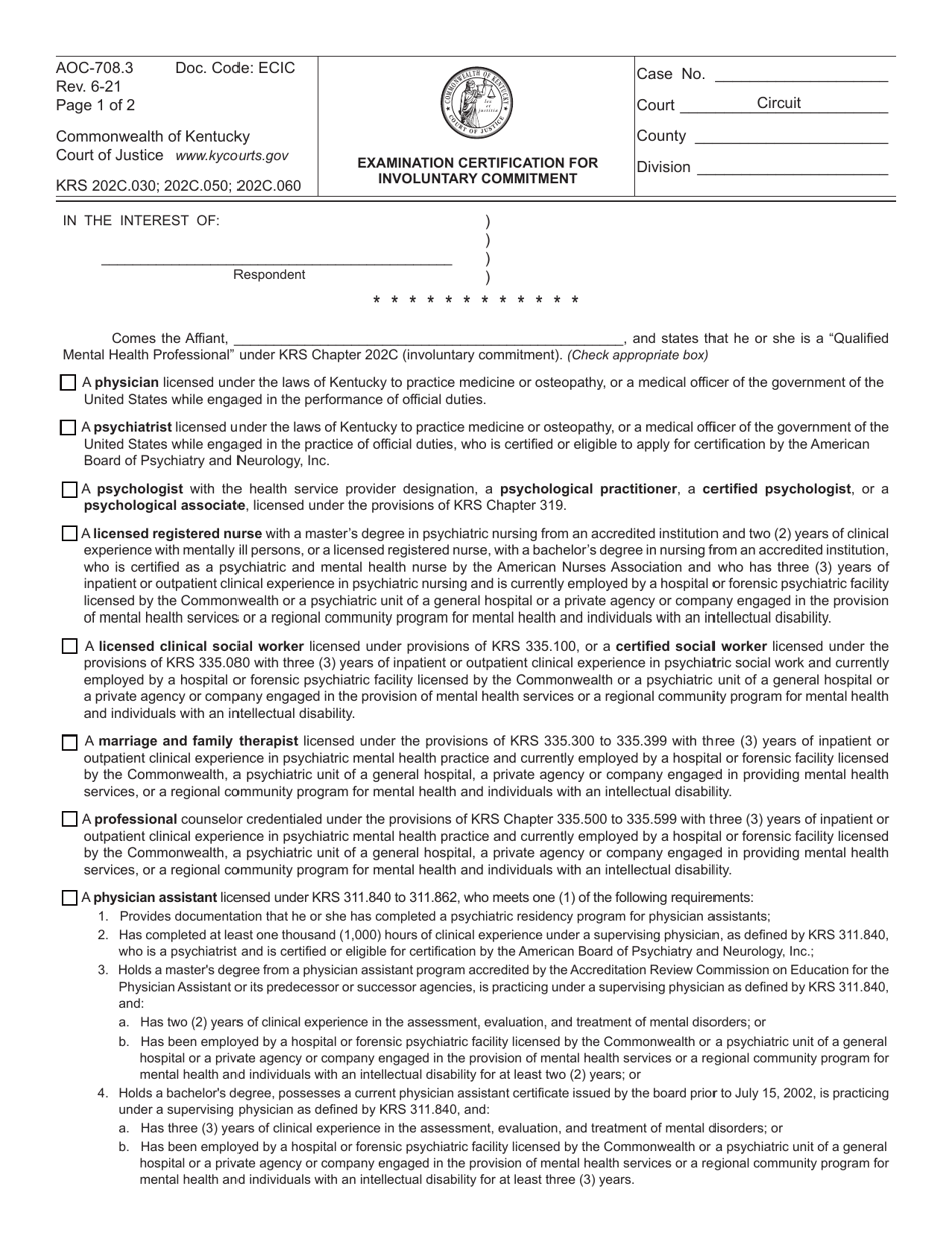 Form AOC-708.3 Examination Certification for Involuntary Commitment - Kentucky, Page 1