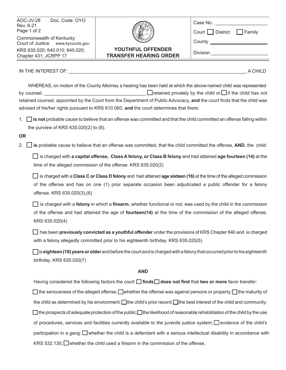 Form AOC-JV-28 Youthful Offender Transfer Hearing Order - Kentucky, Page 1
