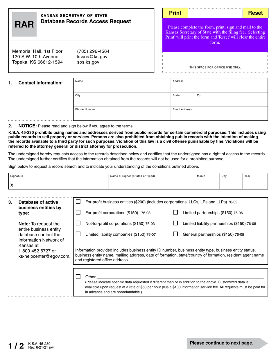 Form RAR Database Records Access Request - Kansas, Page 1