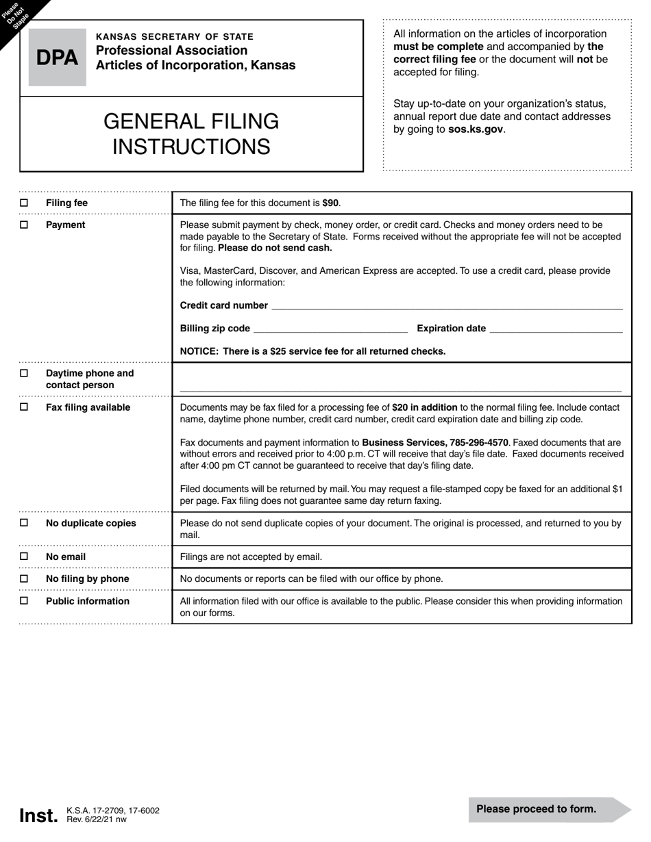 Form DPA Professional Association Articles of Incorporation - Kansas, Page 1
