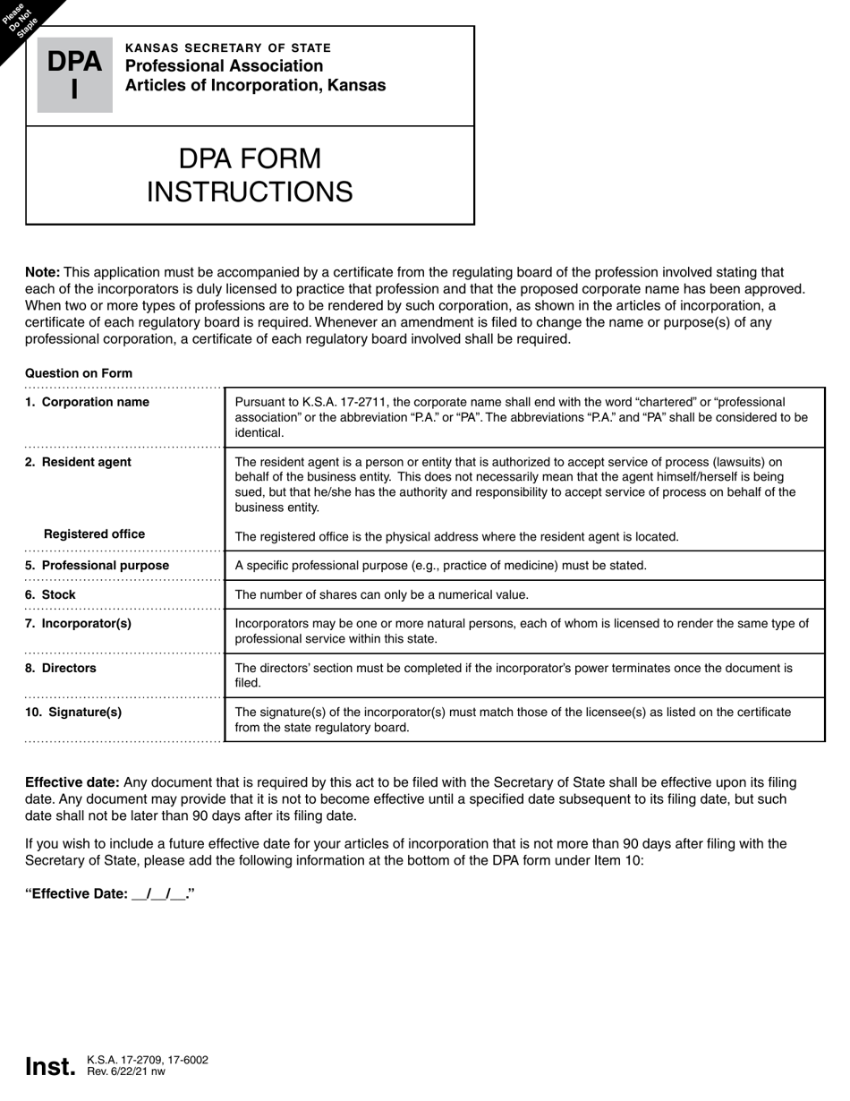 Form DPA Professional Association Articles of Incorporation - Kansas, Page 2