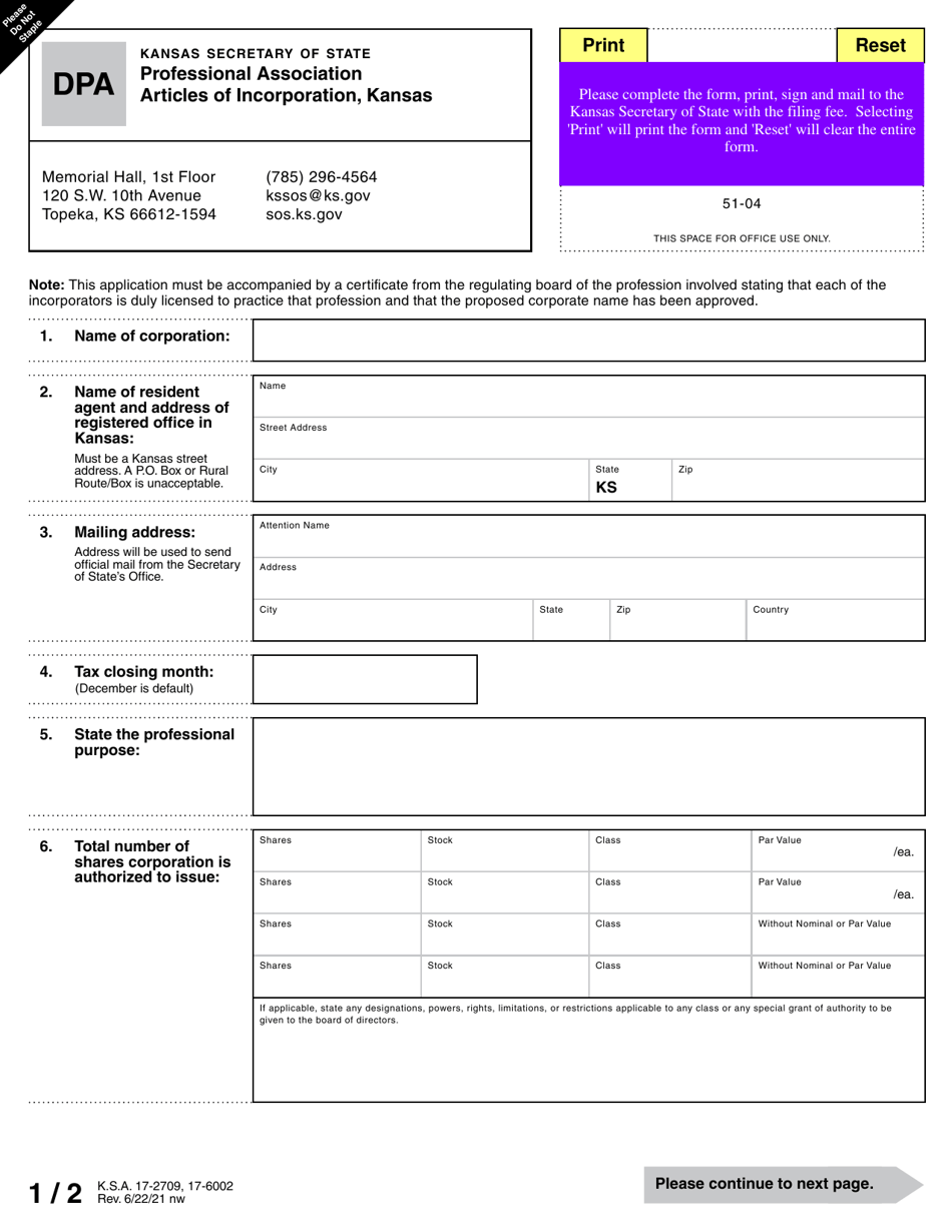 Form DPA Professional Association Articles of Incorporation - Kansas, Page 3
