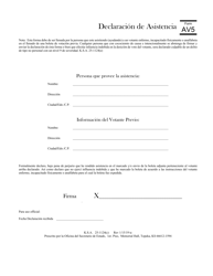 Document preview: Formulario AV5 Declaracion De Asistencia - Kansas (Spanish)