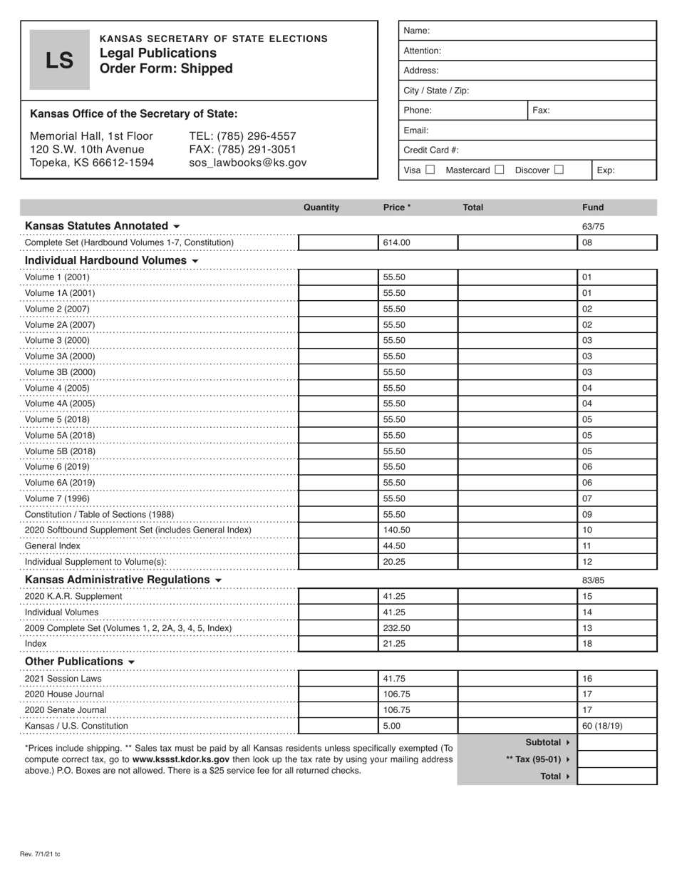 Form LS Legal Publications Order Form: Shipped - Kansas, Page 1