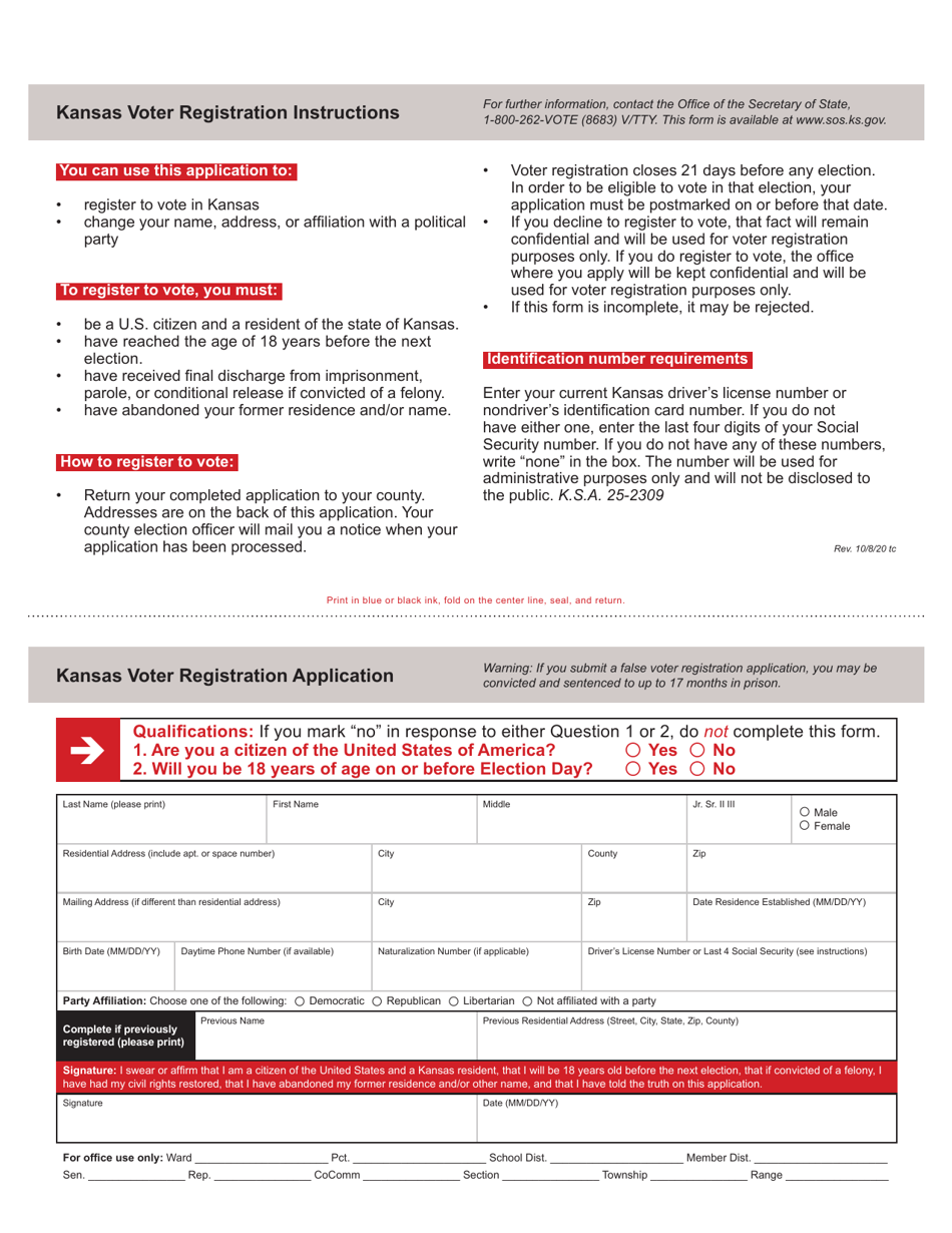 Kansas Kansas Voter Registration Application Download Fillable Pdf 2019 — 2024 Templateroller 