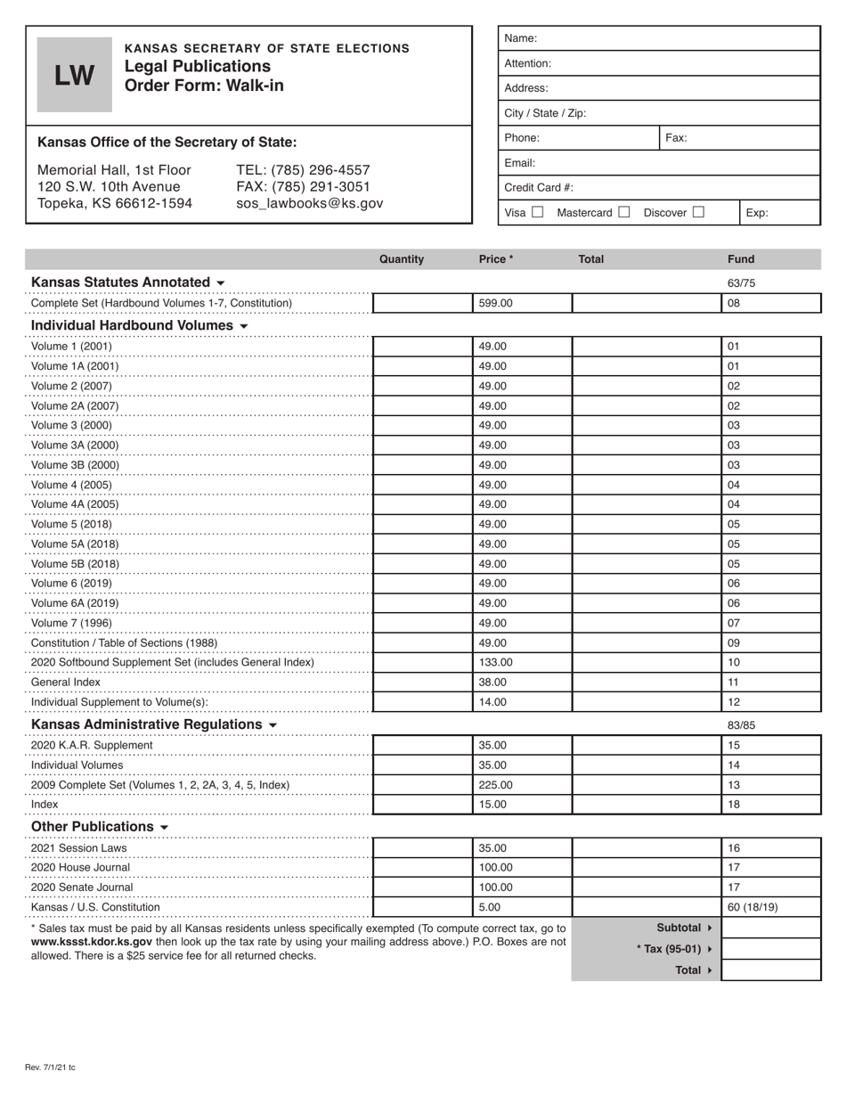 Form LW Legal Publications Order Form: Walk-In - Kansas, Page 1
