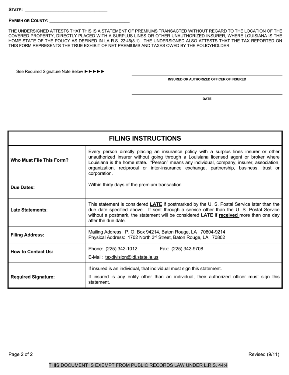 Form 1265 B Surplus Line Insurer or Other Unauthorized Insurer Policy Statement Direct Placement Tax Report - Louisiana, Page 2