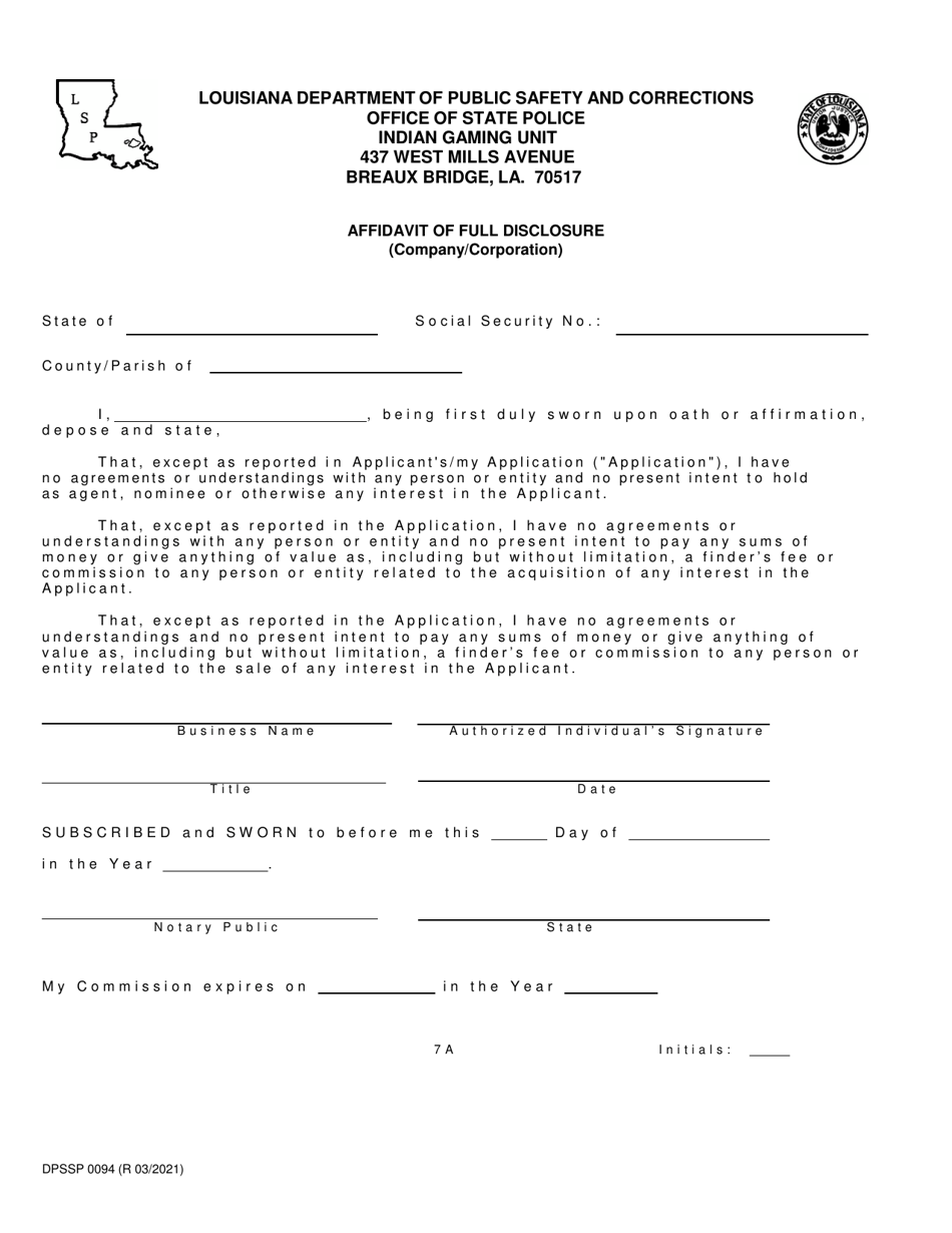 Form DPSSP0094 Part A Corporate State Certification Application - Gaming and Non-gaming Suppliers - Louisiana, Page 9