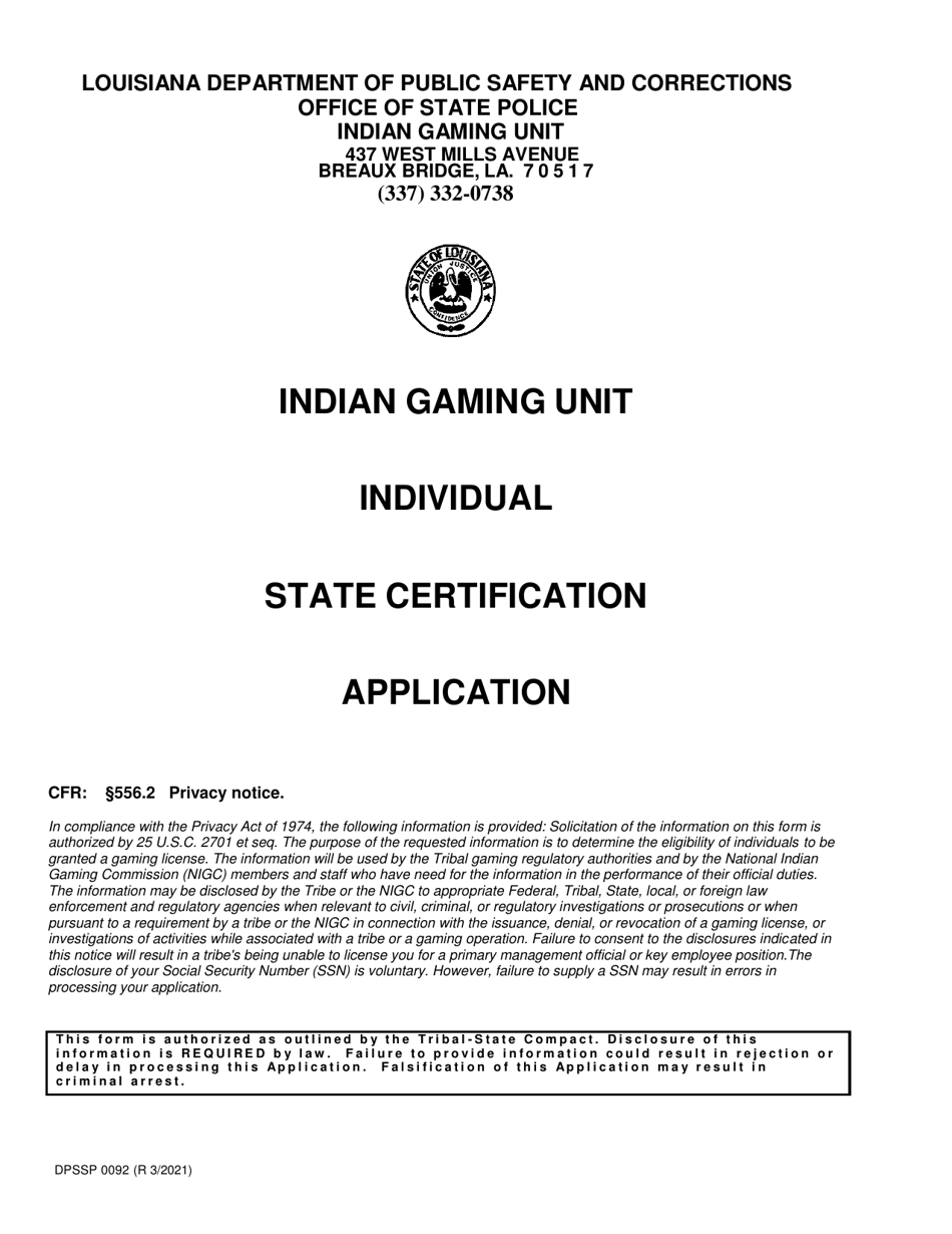 Form DPSSP0092 Gaming Employee Certification Application - Louisiana, Page 1