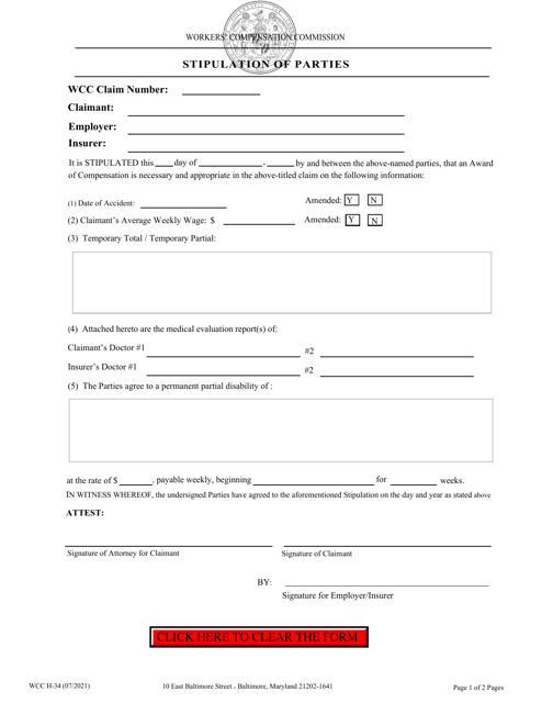WCC Form H-34  Printable Pdf