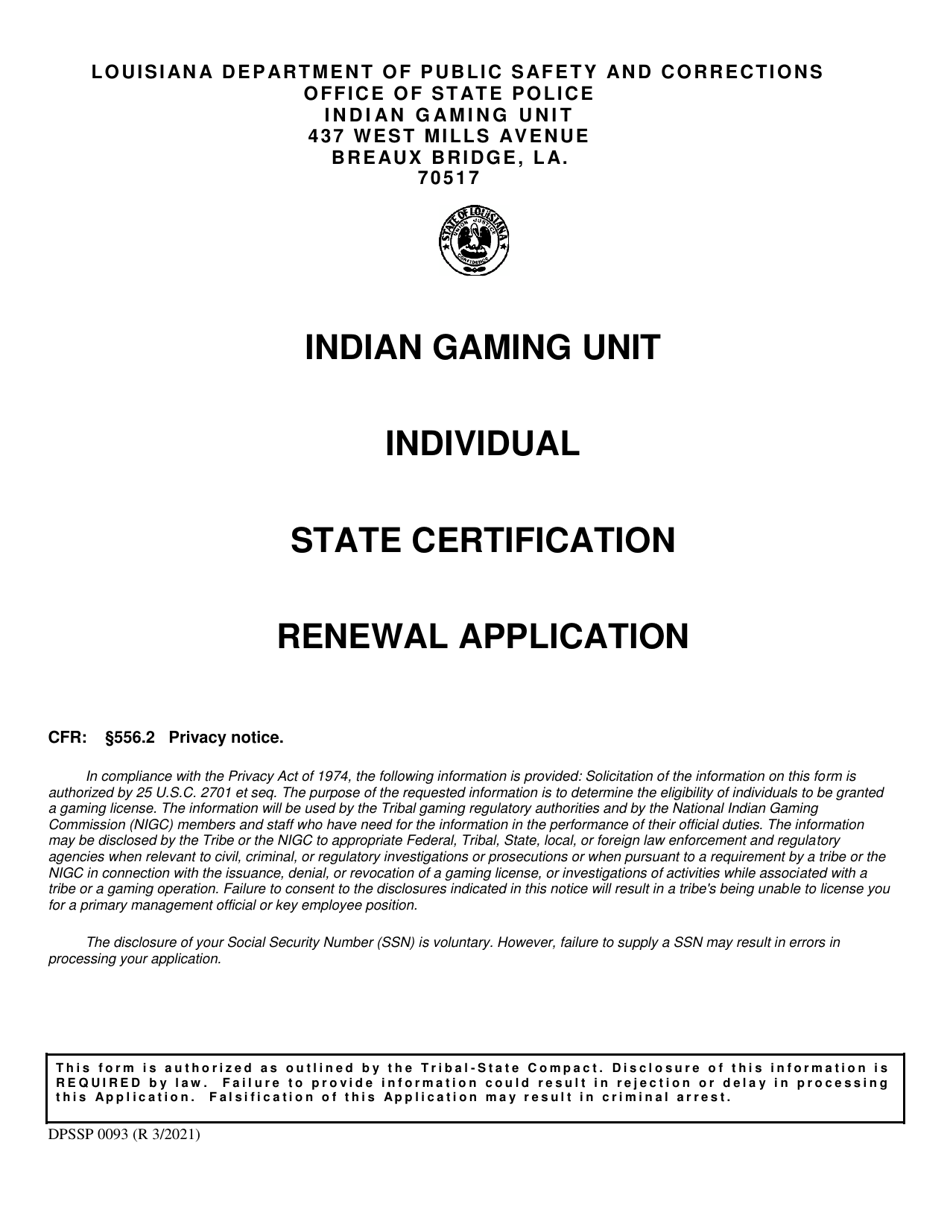 Form DPSSP0093 Gaming Employee State Certification Renewal Application - Louisiana, Page 1