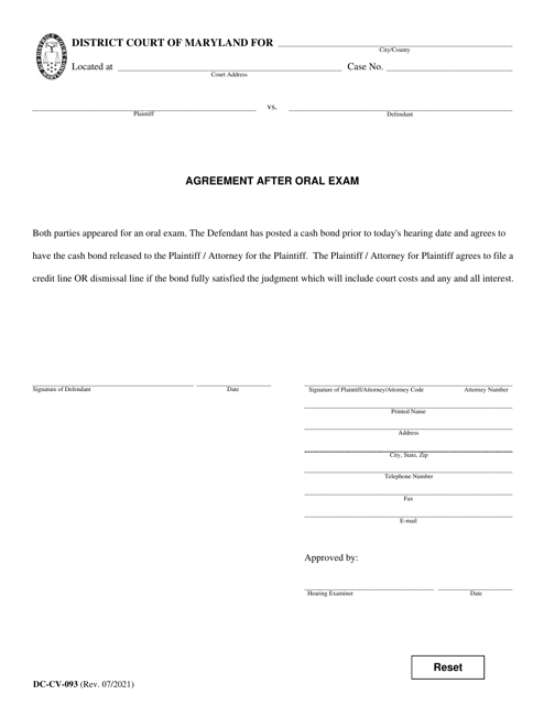 Form DC-CV-093 Agreement After Oral Exam - Maryland
