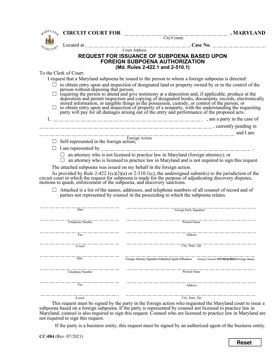 Form CC-084 Request for Issuance of Subpoena Based Upon Foreign Subpoena Authorization - Maryland, Page 1
