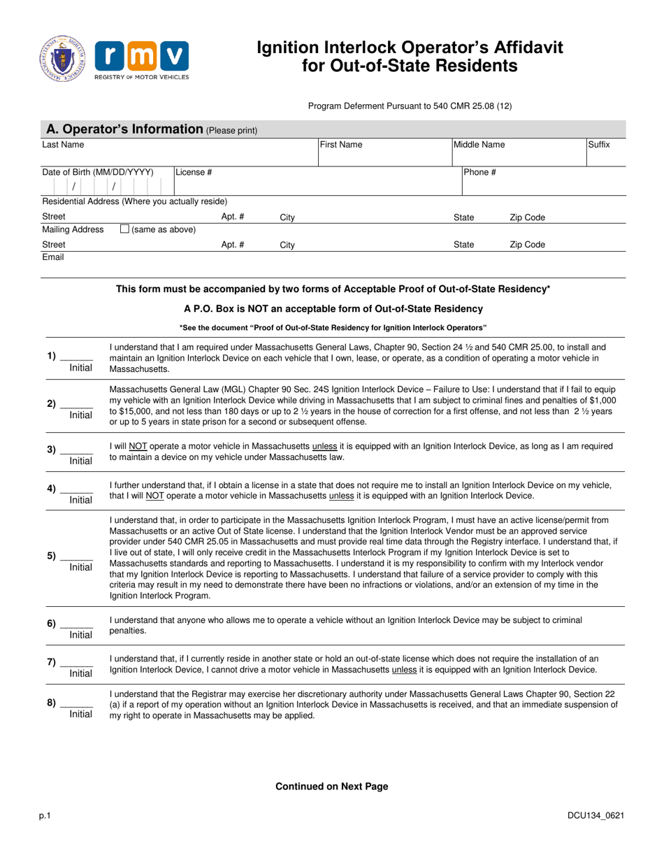 Form DCU134 Ignition Interlock Operators Affidavit for Out-of-State Residents - Massachusetts, Page 1