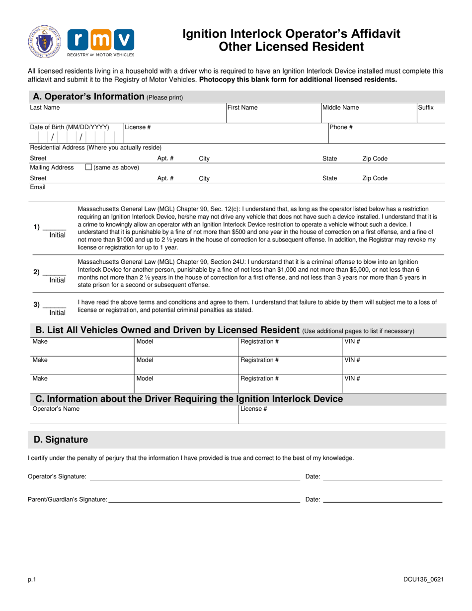 Form DCU136 Ignition Interlock Operators Affidavit Other Licensed Resident - Massachusetts, Page 1