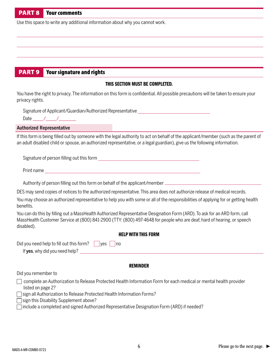 Form MADS-A-MR-COMBO Adult Disability Supplement - Massachusetts, Page 6