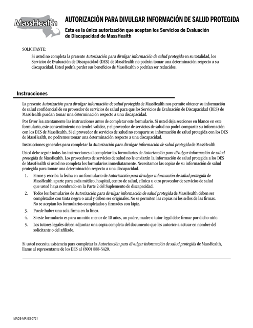 Formulario MADS-MR-ES Autorizacion Para Divulgar Informacion De Salud Protegida - Massachusetts (Spanish)