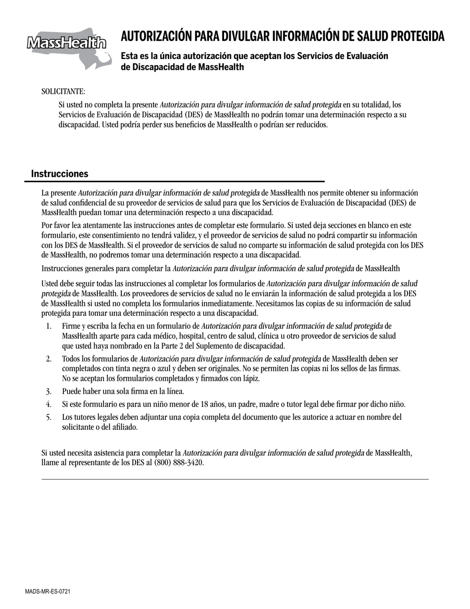 Formulario MADS-MR-ES Autorizacion Para Divulgar Informacion De Salud Protegida - Massachusetts (Spanish), Page 1