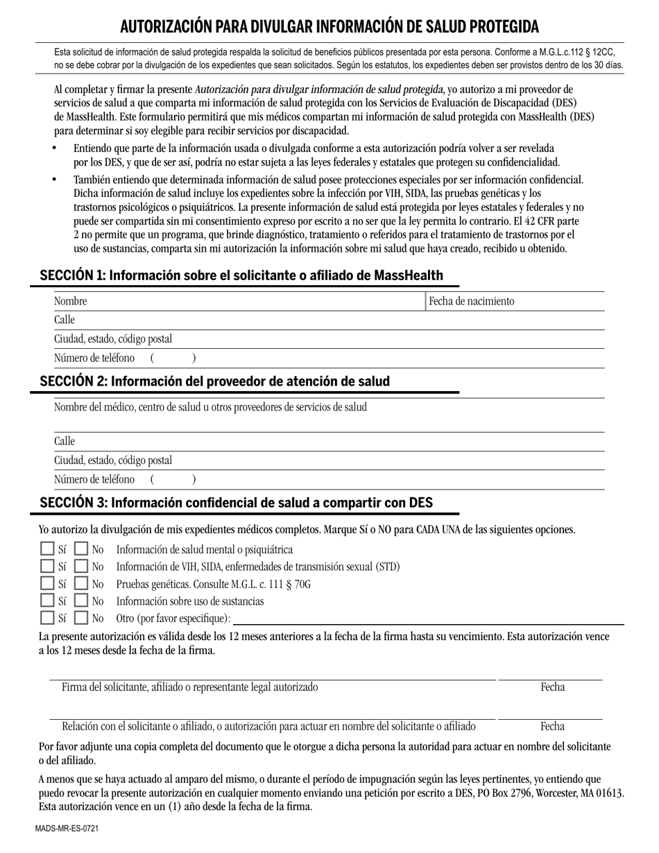 Formulario MADS-MR-ES Autorizacion Para Divulgar Informacion De Salud Protegida - Massachusetts (Spanish), Page 2