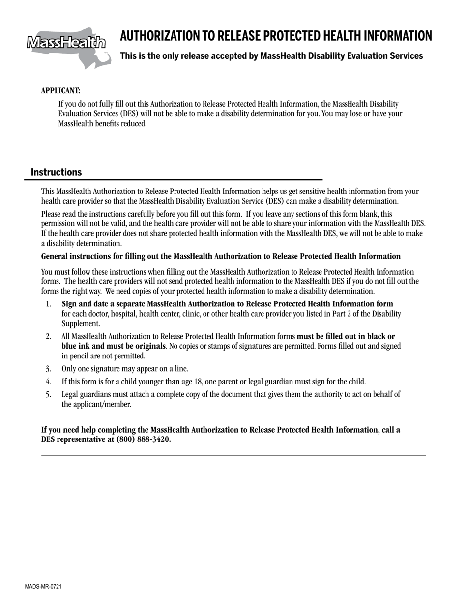 Form MADS-MR Authorization to Release Protected Health Information - Massachusetts, Page 1