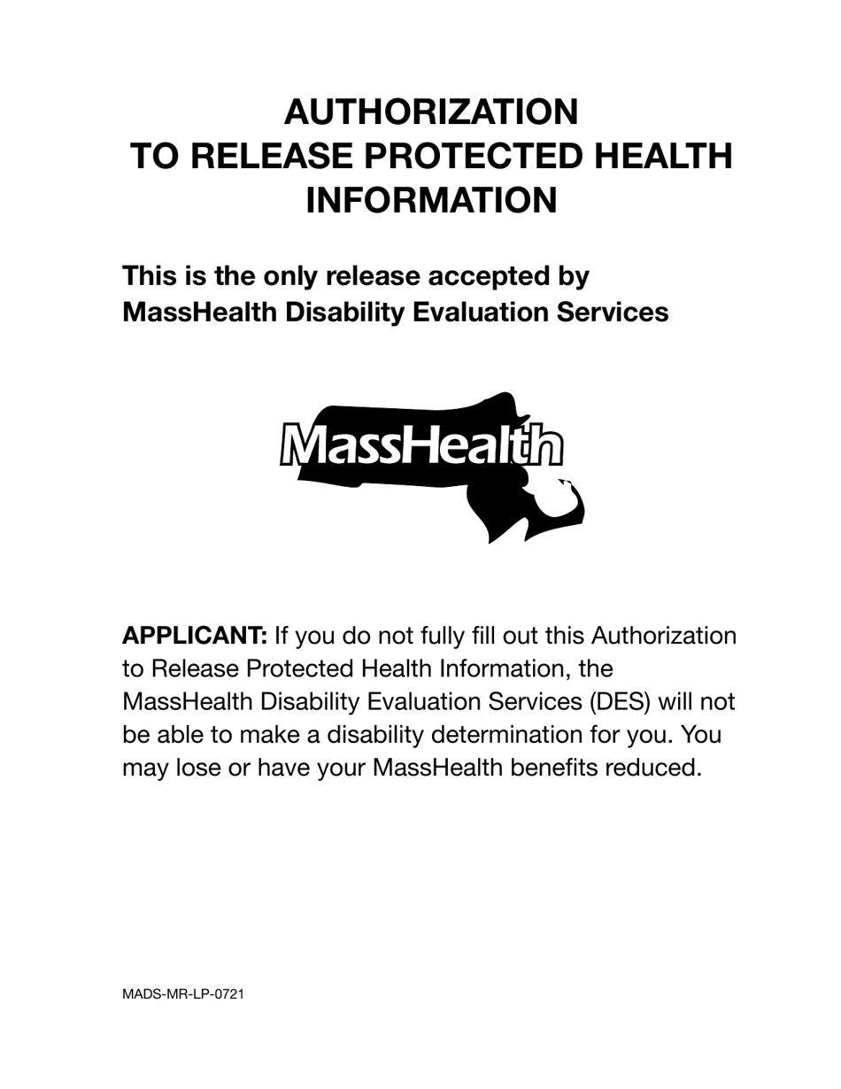 Form MADS-MR-LP Authorization to Release Protected Health Information (Large Print) - Massachusetts, Page 1