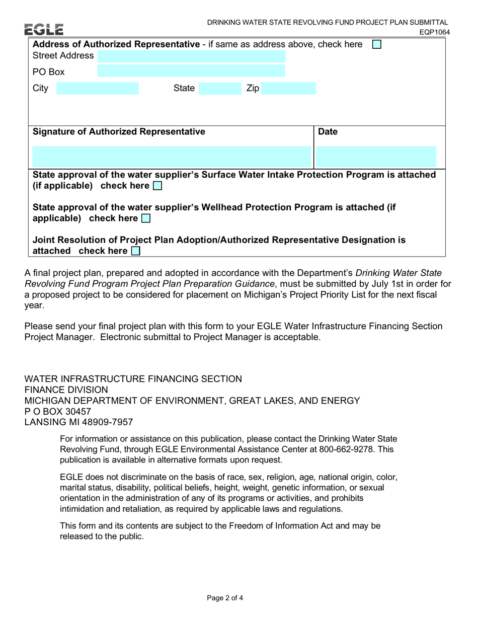 Form EQP1064 Drinking Water State Revolving Fund Project Plan Submittal - Michigan, Page 2